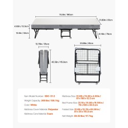 Taittosänky metallirunko vaahtopatja 81 x 190 cm kantavuus 136,1 kg lukittavat pyörät