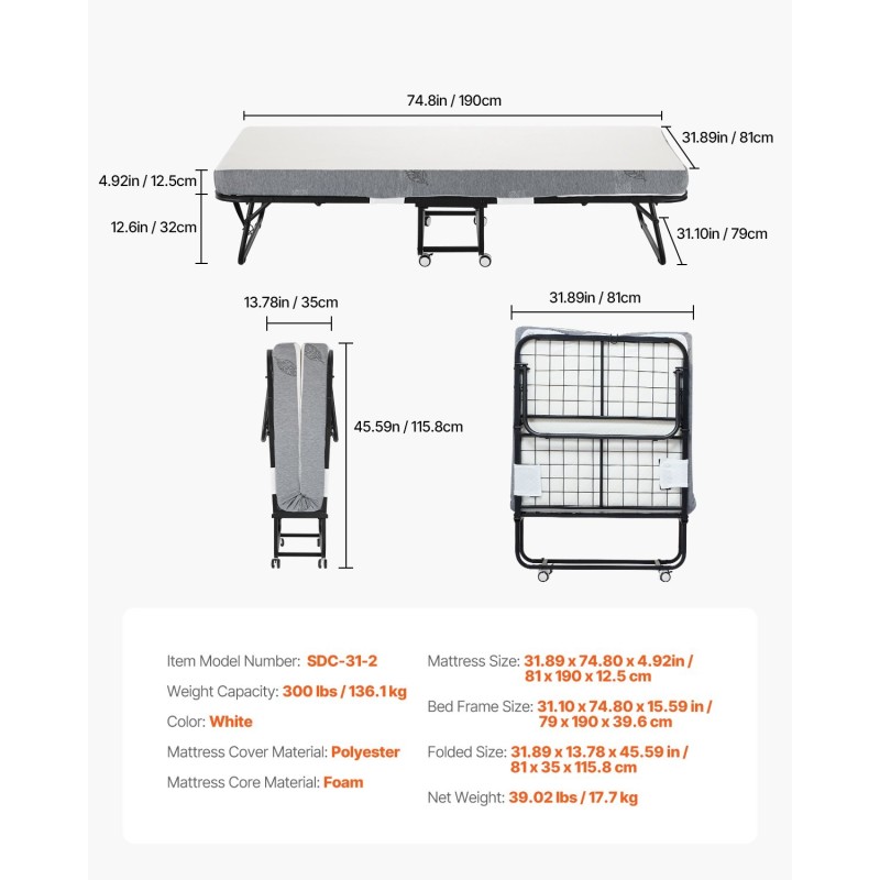 Taittosänky metallirunko vaahtopatja 81 x 190 cm kantavuus 136,1 kg lukittavat pyörät
