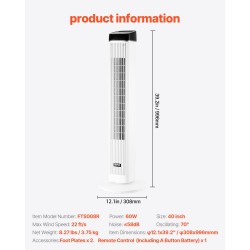 Lattiamallinen lapaton neljäkymmenen tuuman tornituuletin kolme nopeutta seitsemänkymmenen asteen värähtely
