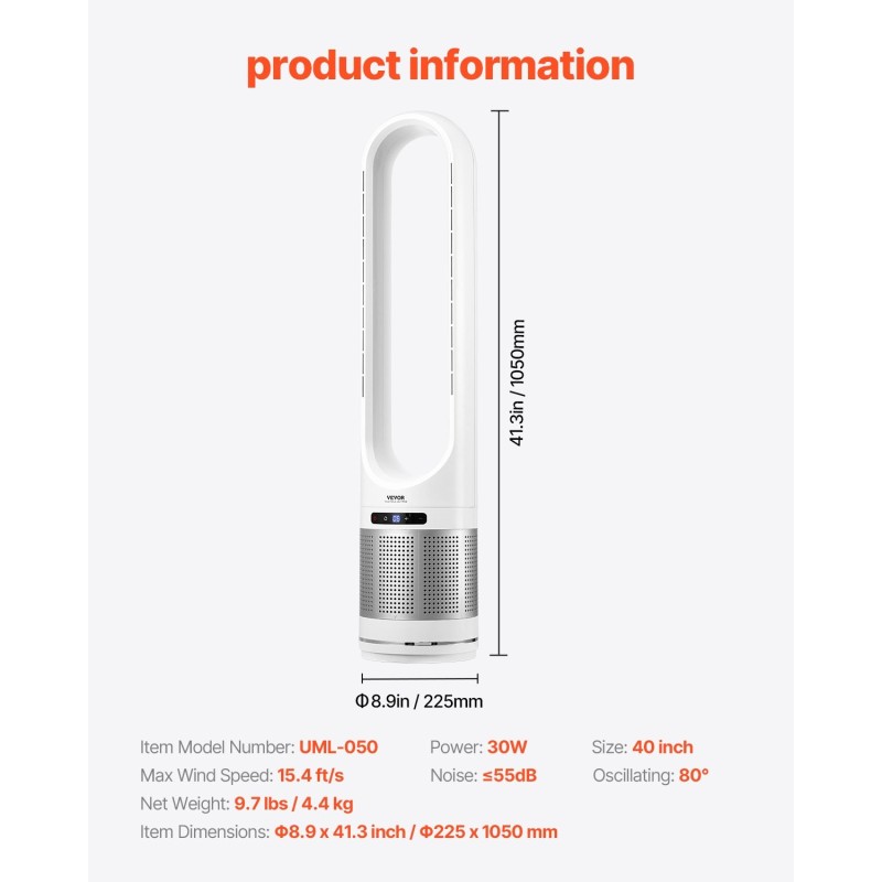 Lapaton tornituuletin 40-tuumainen ABS-muovi H13 HEPA-suodatus 8 nopeustasoa 8H ajastin