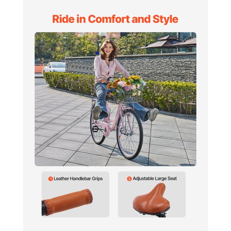 Cruiser-pyörä 26-tuumainen pinkki hiiliteräsrunko etukori takateline kaupunkiajoon