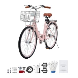 Cruiser-pyörä 26-tuumainen pinkki hiiliteräsrunko etukori takateline kaupunkiajoon