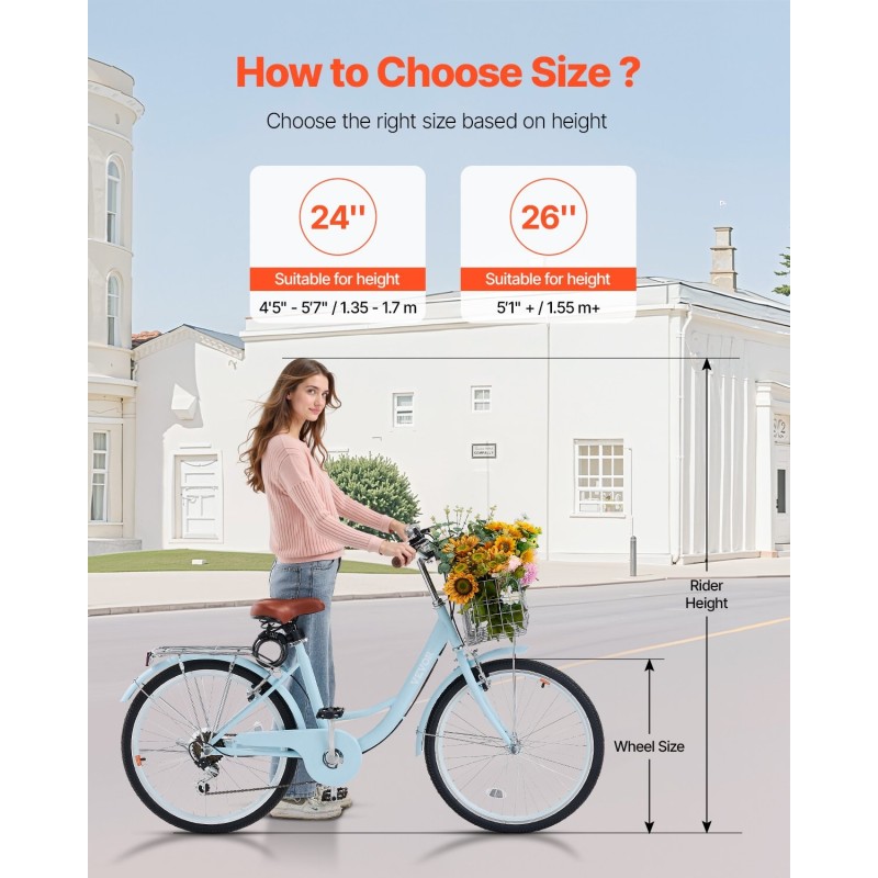 Cruiser-pyörä 24-tuumainen 7-vaihteinen hiiliteräsrunko etukorilla ja takatavaratelineellä