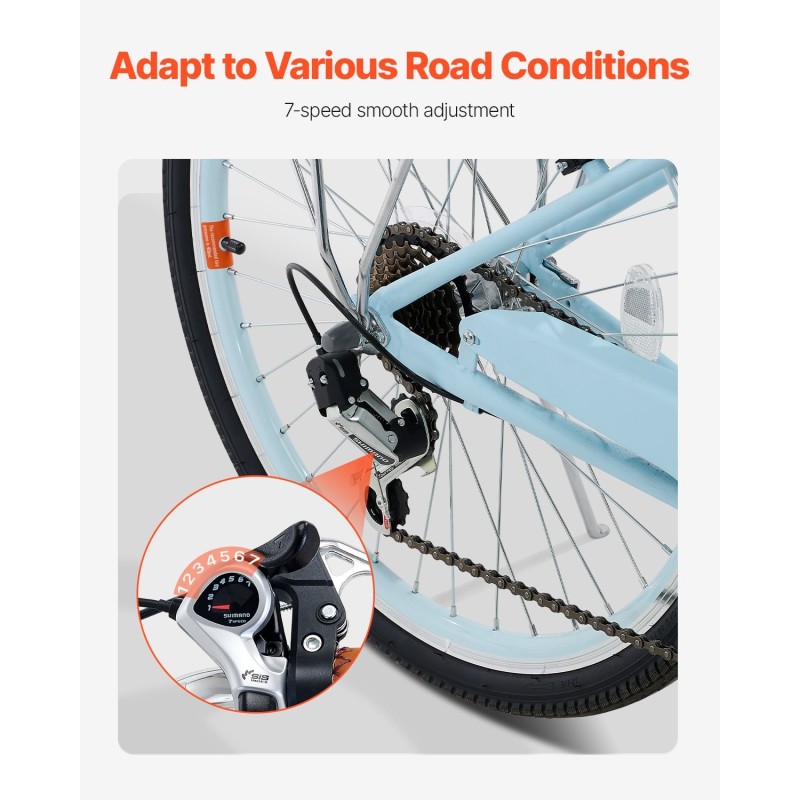 Cruiser-pyörä 24-tuumainen 7-vaihteinen hiiliteräsrunko etukorilla ja takatavaratelineellä