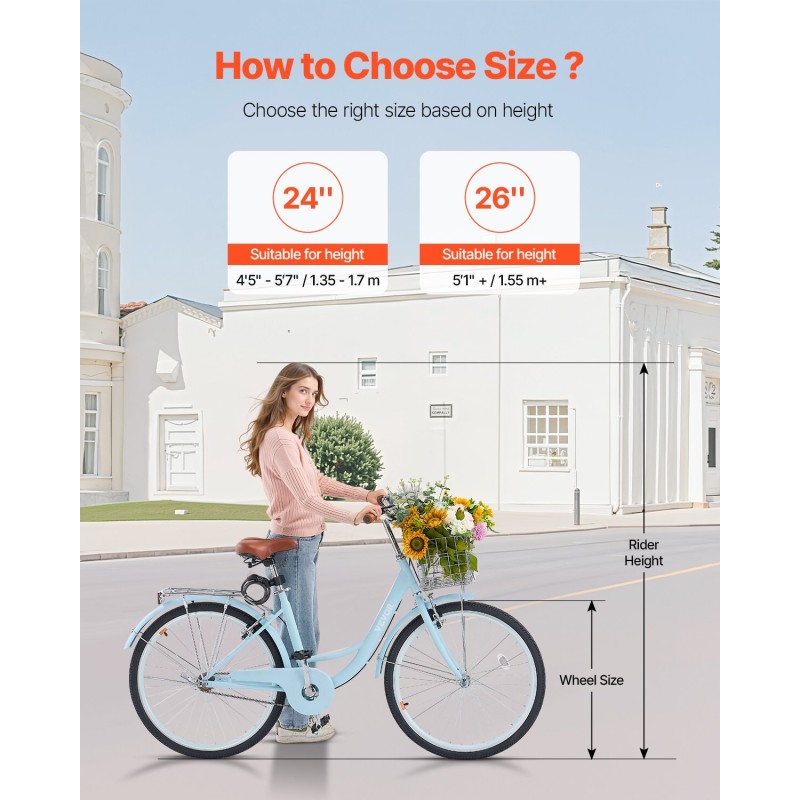Cruiser-pyörä 26-tuumainen hiiliteräsrunko ergonominen ajoasento tilava etukori takateline