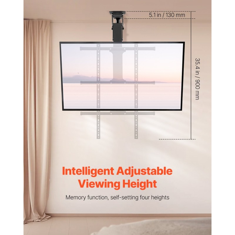 Kattoon asennettava sähköinen televisioteline 32–65 tuumaa 40 kg VESA 600x600 mm hiiliteräs