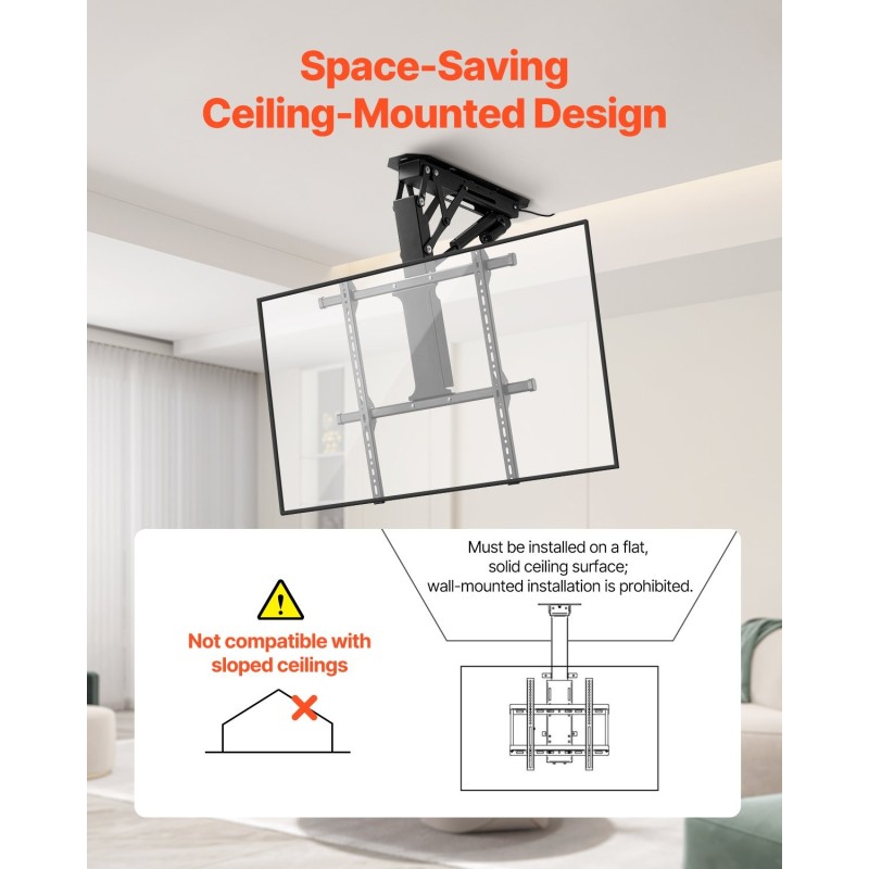 Kattoon asennettava sähköinen televisioteline 32–65 tuumaa 40 kg VESA 600x600 mm hiiliteräs