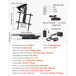 Kattoon asennettava sähköinen televisioteline 32–65 tuumaa 40 kg VESA 600x600 mm hiiliteräs