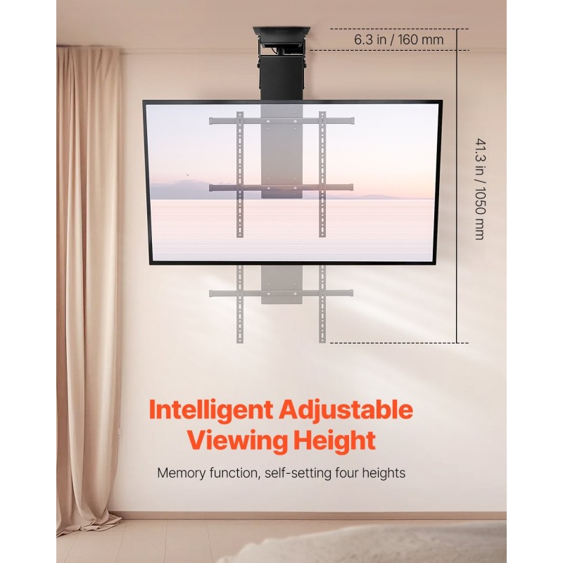 Kattoasennettava sähköinen televisioteline hiiliteräs 32–70 tuumaisille VESA 600x600 mm 50 kg