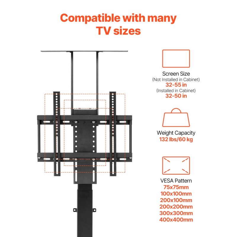 TV-nostoteline pystysuuntainen sähkökäyttöinen hiiliteräs 32–55 tuumalle kaappiasennukseen