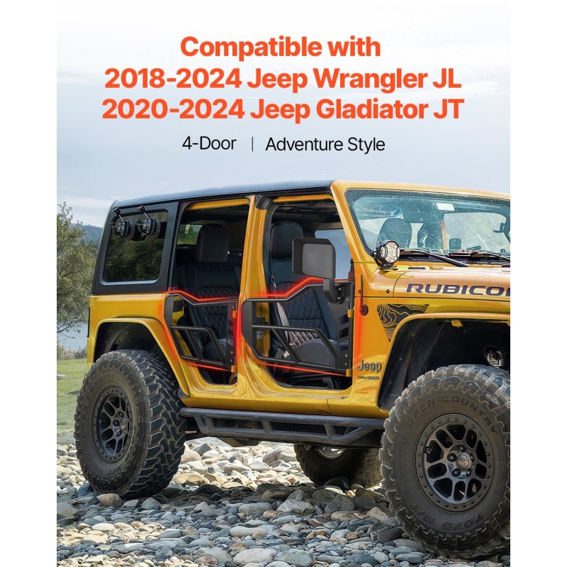 Teräsputkiovet 4-oviseen Jeep Wrangler JL ja Gladiator JT DOT-sertifioiduilla taustapeileillä