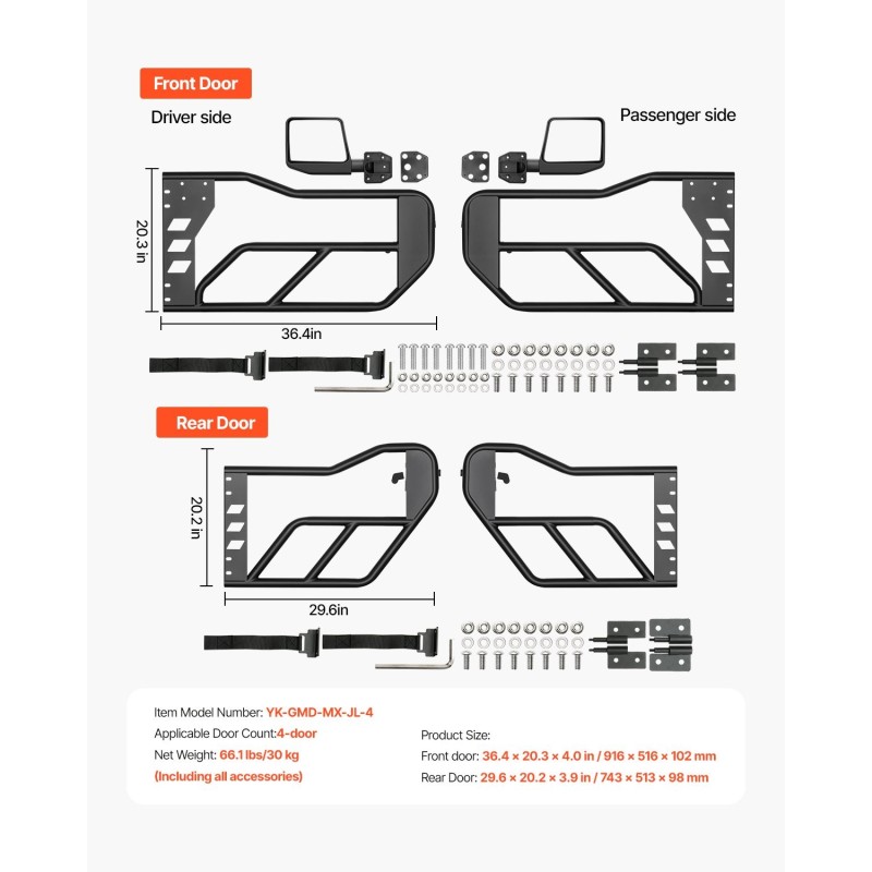 Teräsputkiovet 4-oviseen Jeep Wrangler JL ja Gladiator JT DOT-sertifioiduilla taustapeileillä