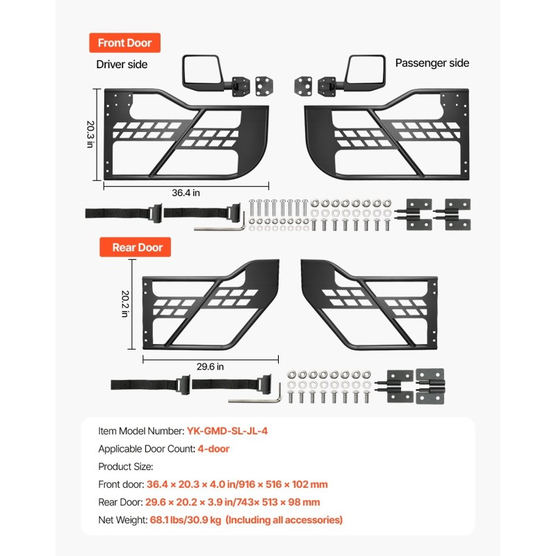 Putkiset teräsovet 4-ovinen Jeep Wrangler JL ja Gladiator JT DOT-sertifioidut taustapeilit