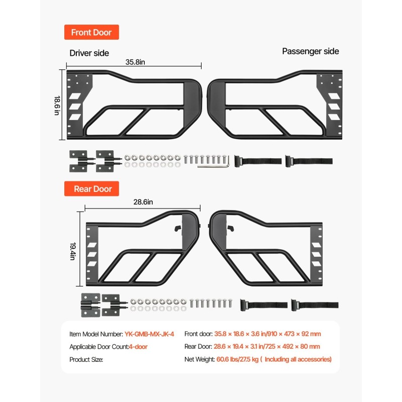 Putkiovet karkaistusta teräsputkesta 4-oviseen Jeep Wrangler JK 2007–2018