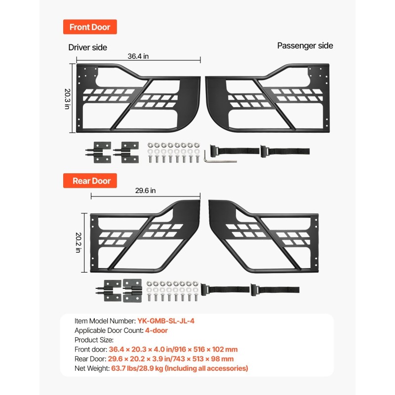 Putkirakenteiset metalliset ovet 4-oviselle Jeep Wranglerille ja Gladiatorille