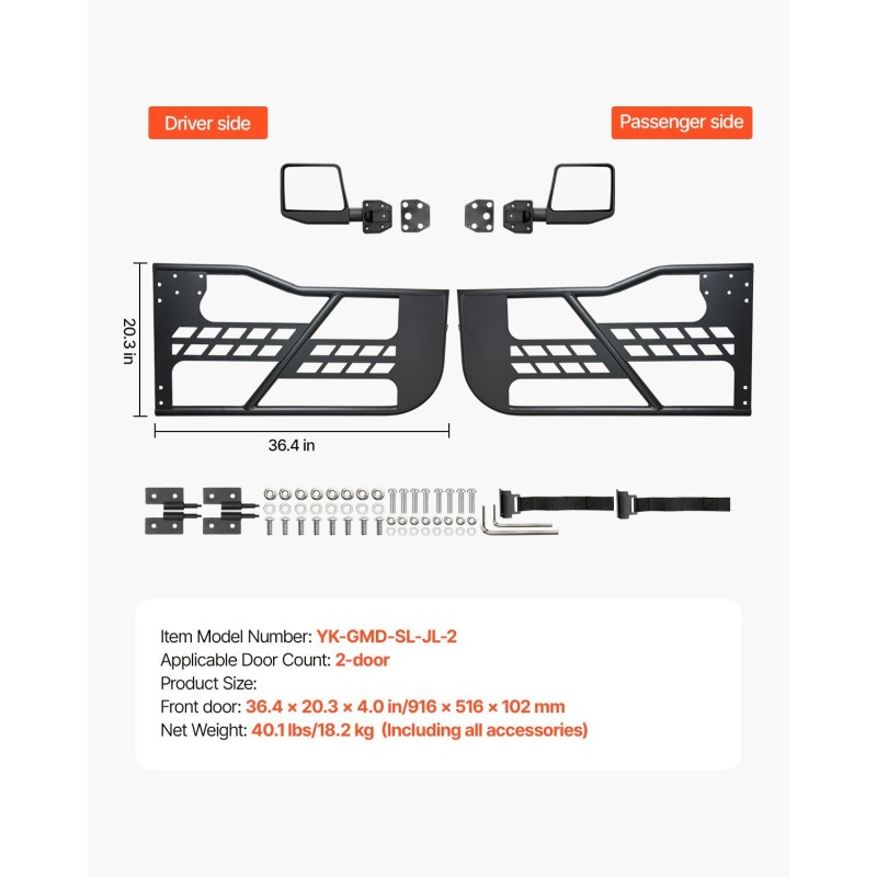 Metalliset putkiovet 2 kpl Jeep Wrangler JL ja Gladiator JT peileillä