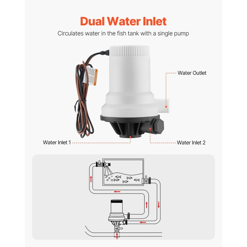 Veneen kalasäiliöpumppu ABS-kotelo 101 l/min kaksoissisääntuloilla 12V IPX7