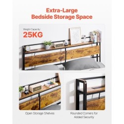 Sängynpääty leveälle sängylle ruskeat puupaneelit mustalla metallirungolla integroidulla virtapaneelilla