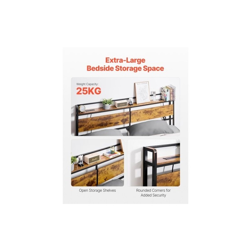 Sängynpääty leveälle sängylle ruskeat puupaneelit mustalla metallirungolla integroidulla virtapaneelilla