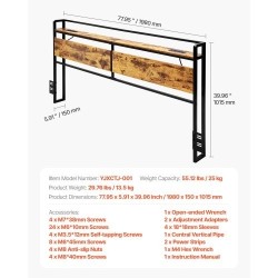 Sängynpääty leveälle sängylle ruskeat puupaneelit mustalla metallirungolla integroidulla virtapaneelilla