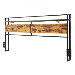 Sängynpääty leveälle sängylle ruskeat puupaneelit mustalla metallirungolla integroidulla virtapaneelilla