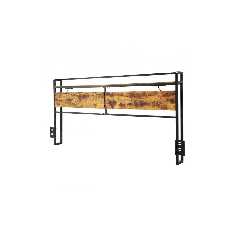 Sängynpääty leveälle sängylle ruskeat puupaneelit mustalla metallirungolla integroidulla virtapaneelilla