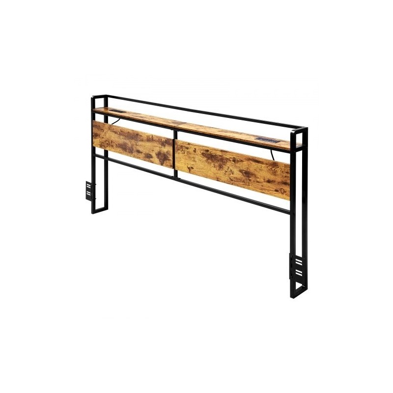 Sängynpääty leveälle sängylle ruskeat puupaneelit mustalla metallirungolla integroidulla virtapaneelilla