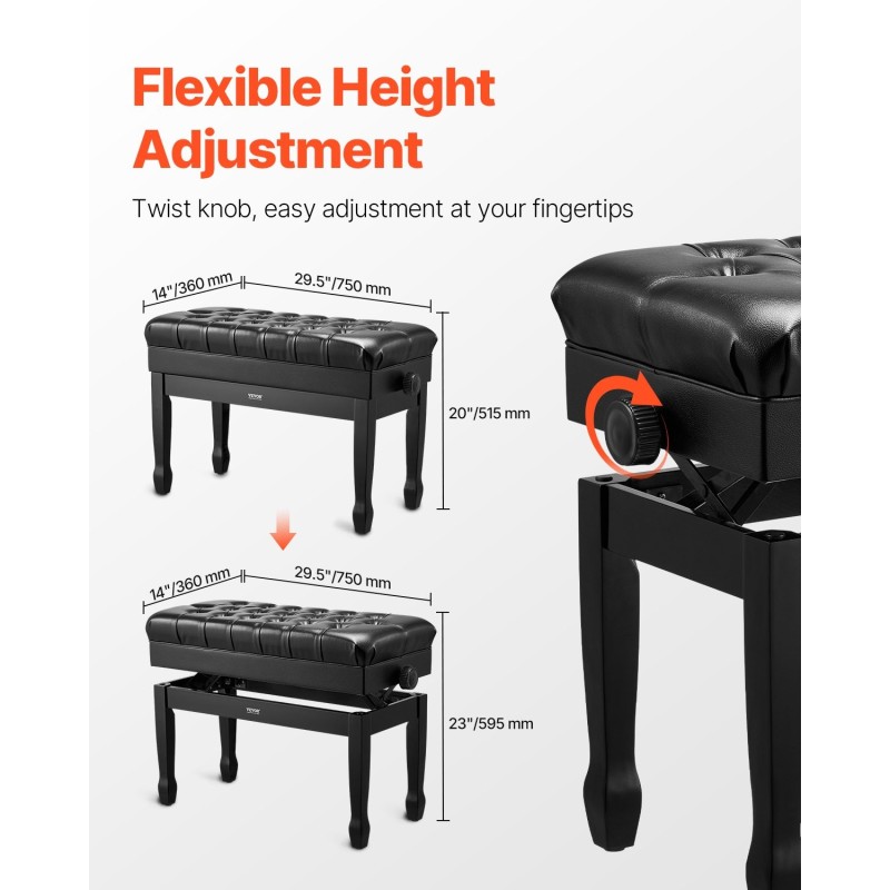 Pianopenkki säädettävällä korkeudella pehmustetulla keinonahkaverhoilulla ja säilytystilalla