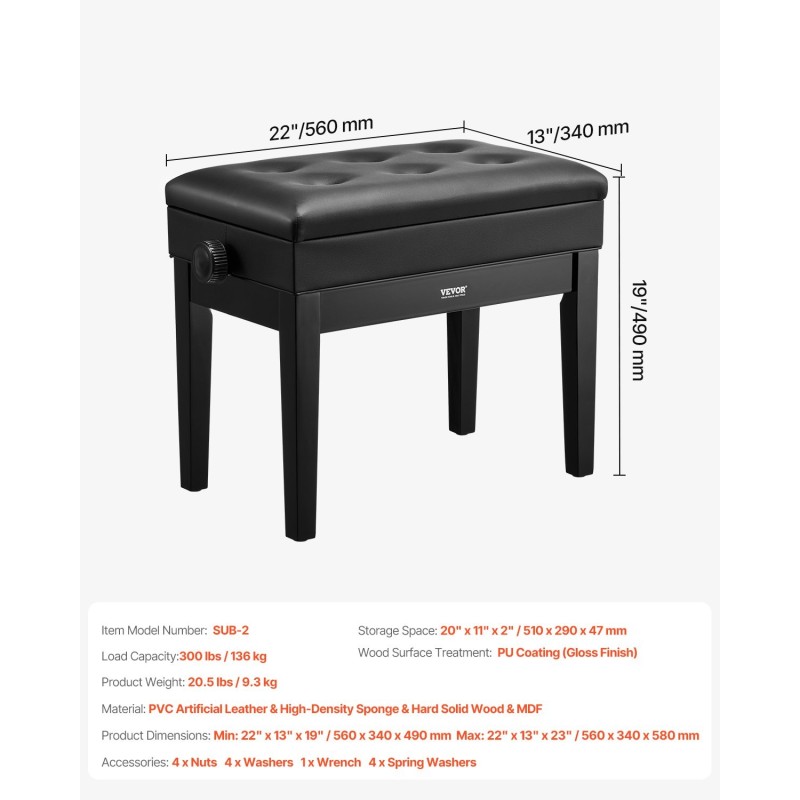 Pianopenkki säädettävällä korkeudella säilytystilalla tekonahkainen istuin tukeva puurunko