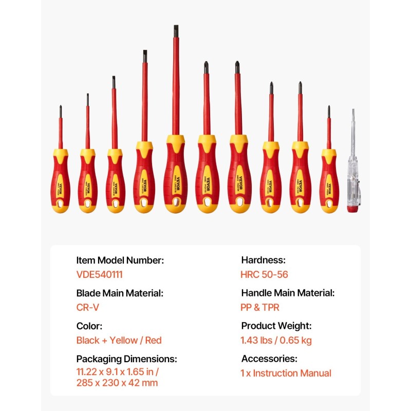 Eristetty 11-osainen ruuvimeisselisarja 1000V magneettikärjillä ergonomisilla kahvoilla jännitetesterillä sähköasennuksiin