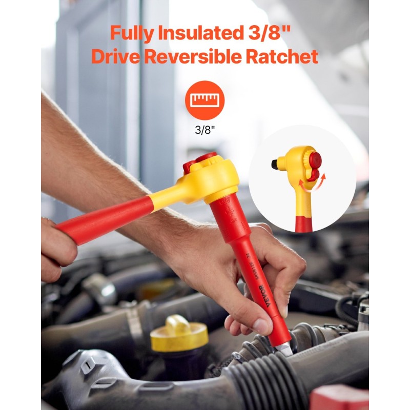 Eristetty 16-osainen hylsy ja räikkäsarja 1000 V sähköasennuksiin