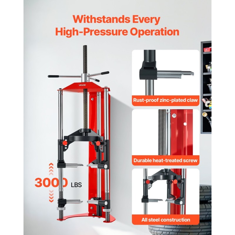 Jousipuristin teräsrunkoinen McPherson-tyyppisille iskunvaimentimille 4-portainen säätö 1,4 tonnin maksimikuorma