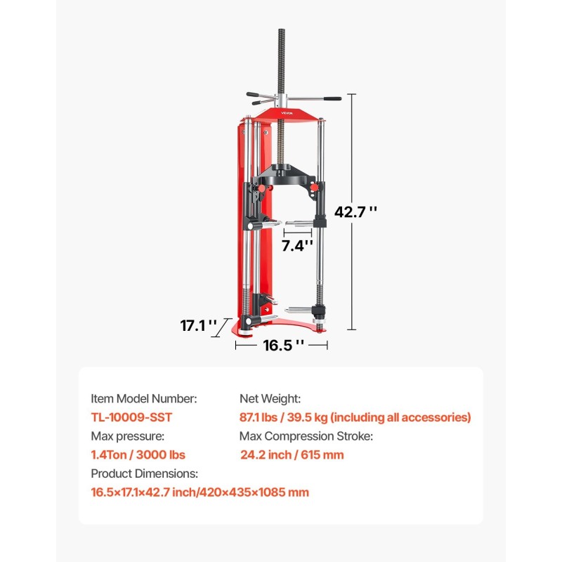 Jousipuristin teräsrunkoinen McPherson-tyyppisille iskunvaimentimille 4-portainen säätö 1,4 tonnin maksimikuorma