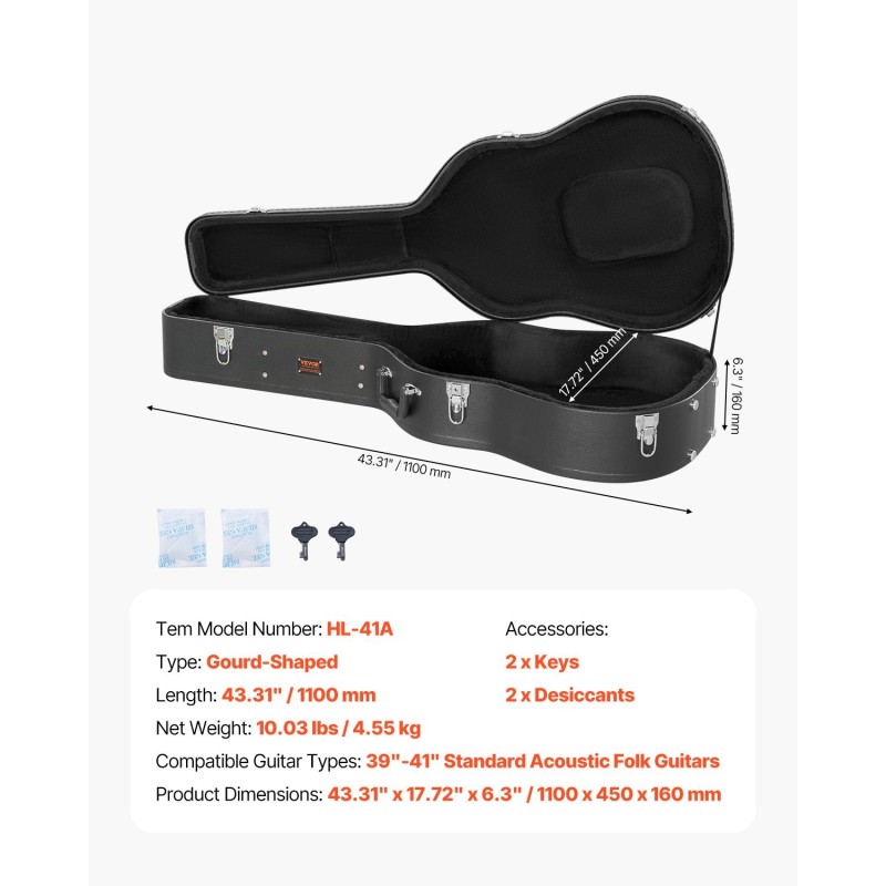 Kova gourd-mallinen kitarakotelo 39–41 tuuman akustisille PVC-pinnoite lukolla