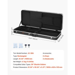 Suorakulmainen kovakotelo sähkökitaralle 1050 mm pehmustettu lukollinen kahdella avaimella