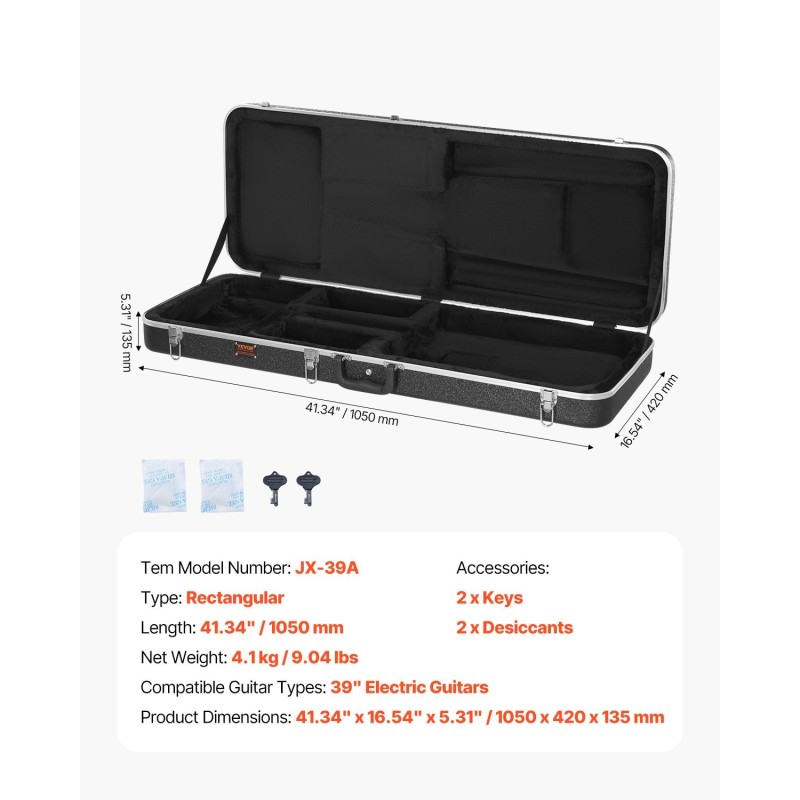 Suorakulmainen kovakotelo sähkökitaralle 1050 mm pehmustettu lukollinen kahdella avaimella