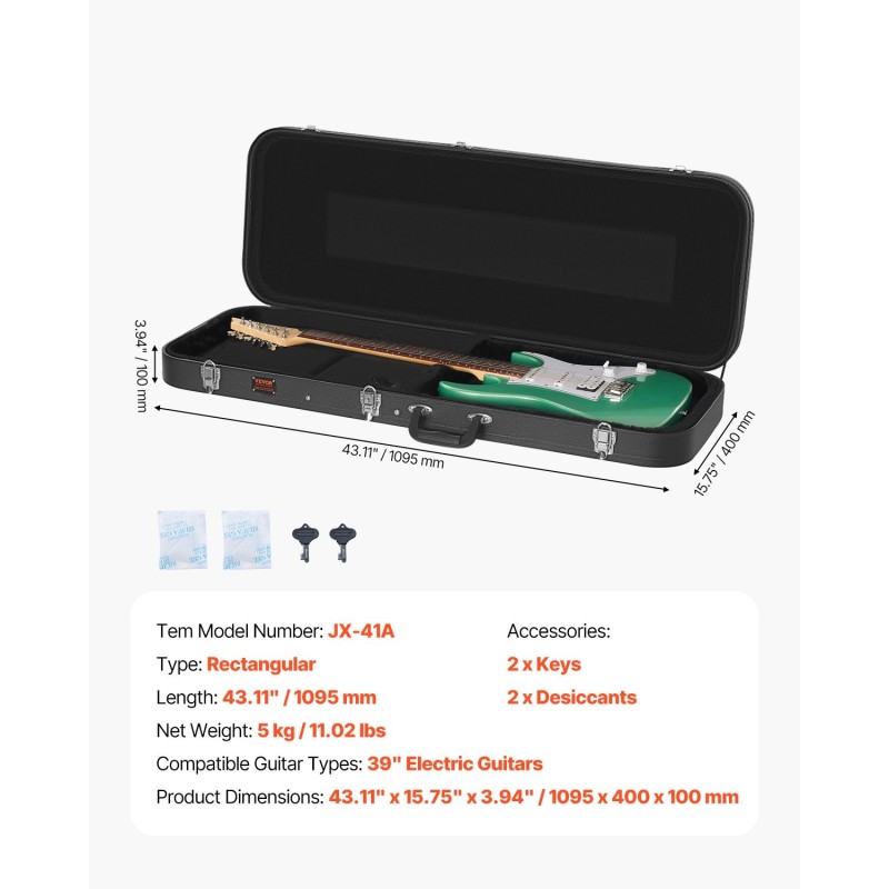 Suorakulmainen PVC-pinnoitettu kovakotelo 39 tuuman sähkökitaralle paksulla pehmusteella