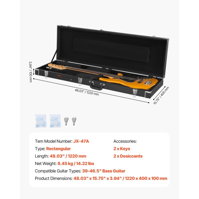 Suorakulmainen kova kotelo bassokitaralle PVC-pinnoitettu vesitiivis musta 1220 mm
