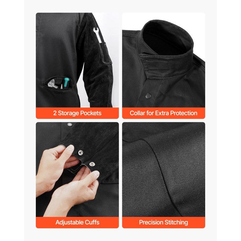 Hitsaustakki naudannahkaisilla hihoilla palosuojattu puuvillarunko XXL musta kaksi taskua