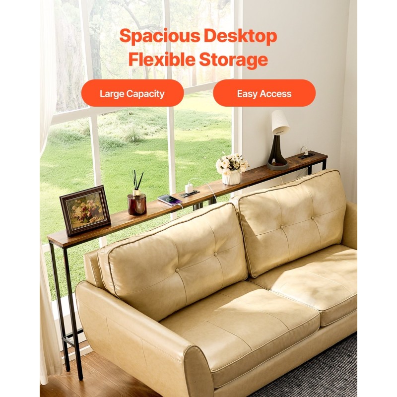 Kapea konsolipöytäsetti 2 kpl hiiliteräsrunko MDF-hylly 100×15 cm pistorasiat USB-liitännät