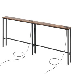 Kapea konsolipöytäsetti 2 kpl hiiliteräsrunko MDF-hylly 100×15 cm pistorasiat USB-liitännät