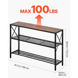 Kapea konsolipöytä 3 tasoa hiiliteräsrunko melamiinipinnoitetut ruskeat hyllyt musta runko