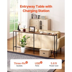 Kapea konsolipöytä sohvan taakse hiiliteräsrunko MDF-taso 2 pistorasiaa 2 USB-liitäntää