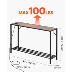 Kapea konsolipöytä hiiliteräsrunko melamiinipinnoitetut hyllyt 106 cm integroitu latausasema sohvan taakse