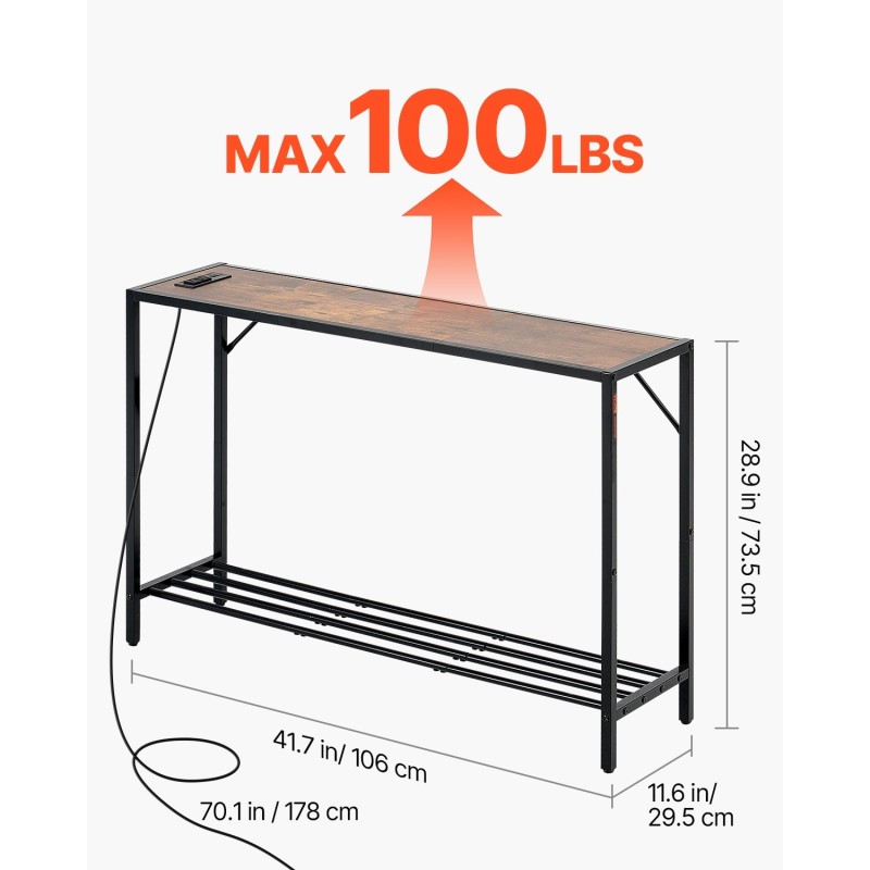Kapea konsolipöytä hiiliteräsrunko melamiinipinnoitetut hyllyt 106 cm integroitu latausasema sohvan taakse