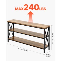 Kapea konsolipöytä 3-tasoinen hiiliteräsrunko melamiinipinnoitetut MDF-hyllyt ruskea ja musta 140×34×76 cm