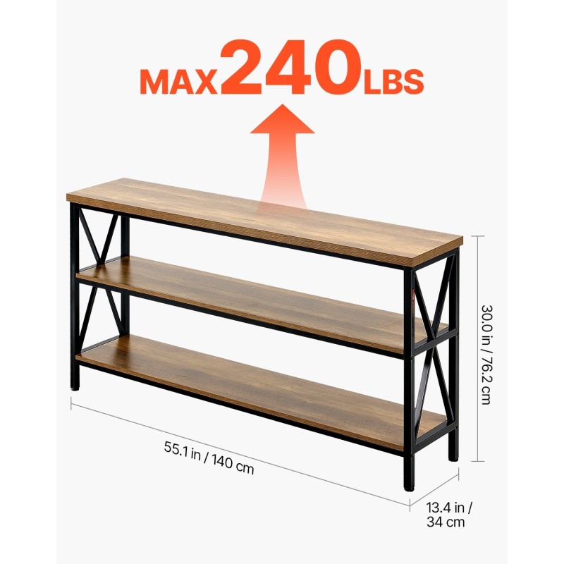Kapea konsolipöytä 3-tasoinen hiiliteräsrunko melamiinipinnoitetut MDF-hyllyt ruskea ja musta 140×34×76 cm