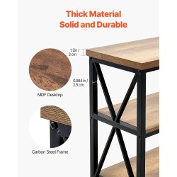 Kapea konsolipöytä 3-tasoinen hiiliteräsrunko melamiinipinnoitetut MDF-hyllyt ruskea ja musta 140×34×76 cm