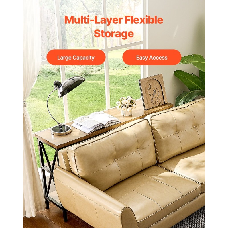 Kapea konsolipöytä 3-tasoinen hiiliteräsrunko melamiinipinnoitetut MDF-hyllyt ruskea ja musta 140×34×76 cm