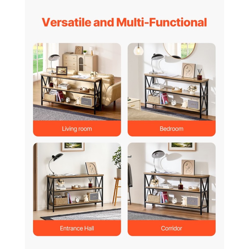 Kapea konsolipöytä 3-tasoinen hiiliteräsrunko melamiinipinnoitetut MDF-hyllyt ruskea ja musta 140×34×76 cm